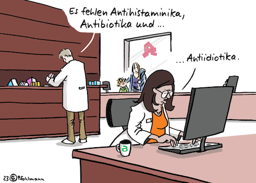 Cartoon: Anti-Idiotika (medium) by Pfohlmann tagged apotheke,medikament,arzneimittel,antibiotika,medikamentenmangel,medikamentenengpass,engpass,lieferschwierigkeiten,lieferkette,medizin,krankheit,gesundheit,internet,apothekertag,social,media,facebook,twitter,youtube,verblödung,idiot,verdummung,apotheke,medikament,arzneimittel,antibiotika,medikamentenmangel,medikamentenengpass,engpass,lieferschwierigkeiten,lieferkette,medizin,krankheit,gesundheit,internet,apothekertag,social,media,facebook,twitter,youtube,verblödung,idiot,verdummung