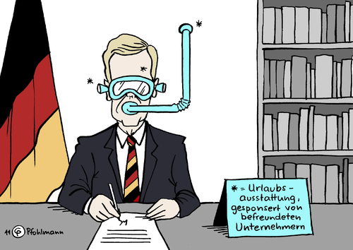 Cartoon: Ausrüstung (medium) by Pfohlmann tagged karikatur,color,farbe,2011,deutschland,wulff,bundespräsident,affäre,kredit,urlaub,freund,unternehmer,tauchen,taucherbrille,ausrüstung,taucherausrüstung,tauchausrüstung,schnorchel,2011,deutschland,wulff,bundespräsident,affäre,kredit