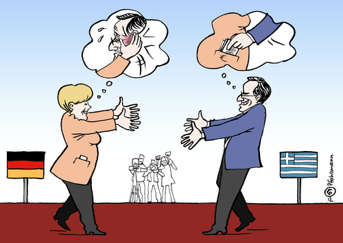 Cartoon: Begrüßung (medium) by Pfohlmann tagged karikatur,cartoon,color,farbe,2012,deutschland,griechenland,besuch,merkel,bundeskanzlerin,samaras,staatsbesuch,finanzkrise,eurokrise,esm,hilfe,hilfen,finanzhilfen,zahlungsunfähigkeit,pleite,euro,eu,europa,währung,begrüßung,karikatur,cartoon,color,farbe,2012,deutschland,griechenland,besuch,merkel,bundeskanzlerin,samaras,staatsbesuch,finanzkrise,eurokrise,esm,hilfe,hilfen,finanzhilfen,zahlungsunfähigkeit,pleite,euro,eu,europa,währung,begrüßung