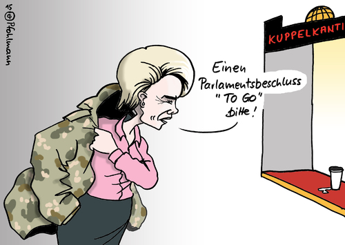 Cartoon: Beschluss To GO (medium) by Pfohlmann tagged frankreich,beteiligung,parlamentsbeschluss,bitte,unterstützung,hilfe,der,von,deutschland,farbe,color,2015,cartoon,karikatur,leyen,tornados,auslandseinsatz,bundeswehreinsatz,is,krieg,kriegseinsatz,terror,verteidigungsministerin,eile,bundeswehr,go,to,beschluss,karikatur,cartoon,2015,color,farbe,deutschland,von,der,leyen,beschluss,to,go,bundeswehr,eile,verteidigungsministerin,terror,kriegseinsatz,krieg,is,bundeswehreinsatz,auslandseinsatz,tornados,beteiligung,frankreich,hilfe,unterstützung,bitte,parlamentsbeschluss