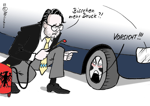 Cartoon: Bisschen Druck (medium) by Pfohlmann tagged karikatur,cartoon,color,farbe,2018,deutschland,autoindustrie,abgase,dieselskandal,scheuer,verkehrsminister,csu,druck,reifen,aufpumpen,lobby,abgaswerte,software,update,karikatur,cartoon,color,farbe,2018,deutschland,autoindustrie,abgase,dieselskandal,scheuer,verkehrsminister,csu,druck,reifen,aufpumpen,lobby,abgaswerte,software,update