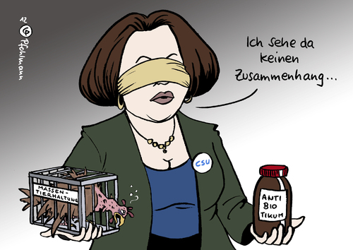 Cartoon: Blindekuh (medium) by Pfohlmann tagged verbraucherschutzministerin,verbraucherschutz,aigner,geflügel,hennen,hühner,hähnchen,fleisch,lebensmittel,deutschland,2012,farbe,color,karikatur,tiermedizin,tiermedikamente,antibiotika,keime,keim,belastung,landwirtschaftsministerin,rache,lebensmittelskandal,essen,massentierhaltung,labor,test,naturschutz,bund,supermarkt,resistent,resistenz,käfighaltung,missbrauch,gesundheit,tierschutz,qualvoll,qual,2012,deutschland,lebensmittel,fleisch,hähnchen,hühner,hennen,geflügel,aigner,verbraucherschutz,verbraucherschutzministerin,belastung,antibiotika,keime,tiermedikamente,tiermedizin,käfighaltung