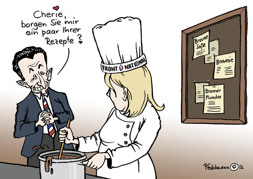 Cartoon: Braune Rezepte (medium) by Pfohlmann tagged karikatur,color,farbe,2012,frankreich,präsident,präsidenschaftswahl,präsidentschaftswahlen,präsidentenwahl,sarkozy,le,pen,marine,front,national,rechts,rechte,braun,braune,rezepte,wähler,stichwahl,rechtsextrem,köchin,frankreich,2012,präsidenschaftswahl,präsidentschaftswahlen,präsidentenwahl,präsident,sarkozy