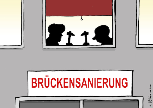 Cartoon: Brückensanierer (medium) by Pfohlmann tagged karikatur,cartoon,color,farbe,2018,deutschland,russland,treffen,putin,merkel,brückensanierung,brücke,beziehung,gespräch,krisen,genua,brückeinsturz,hammer,meseberg,karikatur,cartoon,color,farbe,2018,deutschland,russland,treffen,putin,merkel,brückensanierung,brücke,beziehung,gespräch,krisen,genua,brückeinsturz,hammer,meseberg