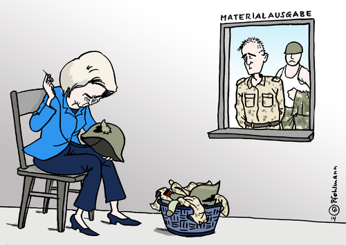 Cartoon: Bundeswehr flicken (medium) by Pfohlmann tagged karikatur,cartoon,color,farbe,2014,deutschland,bundeswehr,von,der,leyen,verteidigungsministerin,mängelliste,nähen,flicken,reparatur,uniform,helm,material,materialausgabereparieren,ausstattung,zustand,armee,rüstung,mangel,waffen,beschaffung,ausrüstung,bericht,karikatur,cartoon,color,farbe,2014,deutschland,bundeswehr,von,der,leyen,verteidigungsministerin,mängelliste,nähen,flicken,reparatur,uniform,helm,material,materialausgabereparieren,ausstattung,zustand,armee,rüstung,mangel,waffen,beschaffung,ausrüstung,bericht