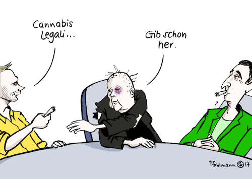 Cartoon: Cannabis-Bündnis (medium) by Pfohlmann tagged karikatur,cartoon,color,farbe,2017,deutschland,bundestagswahl,wahlergebnis,jamaika,koalition,fdp,grüne,merkel,bundeskanzlerin,verluste,cannabis,hanf,hasch,gras,legalisieren,jamaikabündnis,bündnis,verhandlungen,koalitionsverhandlungen,lindner,özdemir,karikatur,cartoon,color,farbe,2017,deutschland,bundestagswahl,wahlergebnis,jamaika,koalition,fdp,grüne,merkel,bundeskanzlerin,verluste,cannabis,hanf,hasch,gras,legalisieren,jamaikabündnis,bündnis,verhandlungen,koalitionsverhandlungen,lindner,özdemir