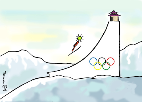 Cartoon: Corona-Springen (medium) by Pfohlmann tagged olympia,olympiade,winterspiele,schanzensprung,skispringen,wintersport,corona,coronavirus,inzidenz,fallzahlen,pandemie,china,infektionen,olympia,olympiade,winterspiele,schanzensprung,skispringen,wintersport,corona,coronavirus,inzidenz,fallzahlen,pandemie,china,infektionen