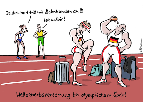 Cartoon: DB-Sprinter (medium) by Pfohlmann tagged db,deutschebahn,bahn,sport,olympia,olympiade,paris,sprint,leichtathletik,verspätungen,statistik,bahnbilanz,pünktlichkeit,pünktlichkeitsquote,fahrgast,fahrgäste,rennen,hetzen,zug,züge,verkehr,training,hochleistungssport,sportler,sprinter,muskeln,doping,fairness,wettbewerbsvorteil,deutschland,mannschaft,kader,neid,db,deutschebahn,bahn,sport,olympia,olympiade,paris,sprint,leichtathletik,verspätungen,statistik,bahnbilanz,pünktlichkeit,pünktlichkeitsquote,fahrgast,fahrgäste,rennen,hetzen,zug,züge,verkehr,training,hochleistungssport,sportler,sprinter,muskeln,doping,fairness,wettbewerbsvorteil,deutschland,mannschaft,kader,neid