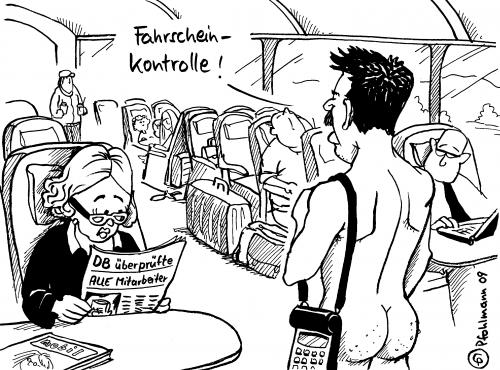 Cartoon: DB Nacktkontrolleur (medium) by Pfohlmann tagged db,deutsche,bahn,kontrolleur,schaffner,datenabgleich,datenaffäre,datenschutz,mehdorn,db,deutsche bahn,zug,reise,verreisen,angestellte,mitarbeiter,arbeit,job,schaffner,kontrolle,überwachung,fahrkarte,fahrscheinkontrolle,nackt,datenschutz,datenaffäre,datenabgleich,daten,überwachungsstaat,privatsphäre,vertrauen,harmut mehdorn,deutsche,bahn,harmut,mehdorn