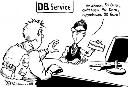 Cartoon: DB Service (medium) by Pfohlmann tagged db,bahn,service,fahrschein,fahrkarte,fahrpreis,preisanstieg,schalter,db,deutsche bahn,zug,bahn,service,fahrschein,fahrkarte,fahrpreis,preisanstieg,bedienzuschlag,preise,farhkartenpreise,kunde,zuschlag,schalter,tickets,reisen,verreisen,urlaub,ferien,teuer,wucher,überteuert,ticketpreise,bahnhof,reisende,deutschte,deutsche