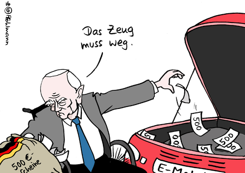 Cartoon: Der 500er muss weg (medium) by Pfohlmann tagged karikatur,cartoon,2016,color,deutschland,eauto,elektroauto,subvention,subventionierung,kaufprämie,prämie,schäuble,finanzminister,fünfhunderter,fünfhundert,viertausend,zuschuss,anreiz,kaufanreiz,bargeld,abschaffung,karikatur,cartoon,2016,color,deutschland,eauto,elektroauto,subvention,subventionierung,kaufprämie,prämie,schäuble,finanzminister,fünfhunderter,fünfhundert,viertausend,zuschuss,anreiz,kaufanreiz,bargeld,abschaffung