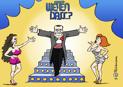 Cartoon: Der Nachfolger (medium) by Pfohlmann tagged karikatur,color,farbe,2011,italien,berlusconi,wetten,dass,tv,fernsehen,show,showtreppe,moderator,nachfolger,zdf,2011,italien,berlusconi,fernsehen,show,showtreppe,moderator,wetten dass,wetten,dass