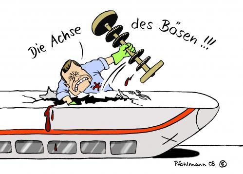 Cartoon: Die Achse des Bösen (medium) by Pfohlmann tagged db,deutsche,bahn,ice,mehdorn,achse,prüfung,test,böse,verspätungen,db,deutsche bahn,zug,hartmut mehdorn,bahnchef,prüfung,test,verspätungen,achse,böse,reperatur,technik,pünktlichkeit,deutsche,bahn,hartmut,mehdorn,inspektion,service