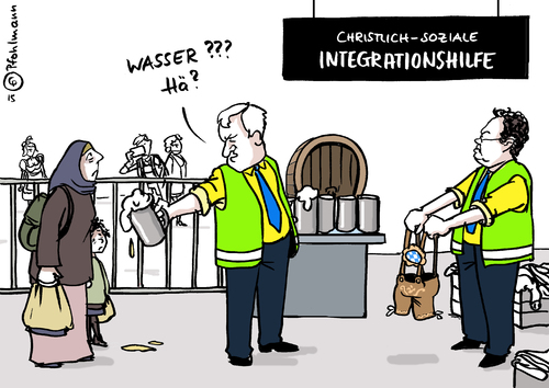 Cartoon: Die CSU integriert (medium) by Pfohlmann tagged karikatur,cartoon,2015,color,farbe,deutschland,global,welt,flucht,csu,bayern,münchen,bahnhof,hauptbahnhof,ankunft,flüchtlinge,seehofer,friedrich,willkommen,oktoberfest,wiesn,bier,lederhose,asyl,asylbewerber,helfer,getränke,kleidung,nothilfe,hilfe,karikatur,cartoon,2015,color,farbe,deutschland,global,welt,flucht,csu,bayern,münchen,bahnhof,hauptbahnhof,ankunft,flüchtlinge,seehofer,friedrich,willkommen,oktoberfest,wiesn,bier,lederhose,asyl,asylbewerber,helfer,getränke,kleidung,nothilfe,hilfe