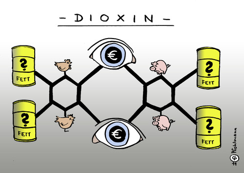 Cartoon: DIOXIN (medium) by Pfohlmann tagged dioxin,skandal,verseuchung,verunreinigung,lebensmittel,eier,chemie,formel,dioxin,ei,skandal,lebensmittel,eier,verunreinigung,grenzwert,verseuchung,vergiftung,gift,futtermittel,essen,tierfutter,nahrung,ernährung,restaurant,frühstück