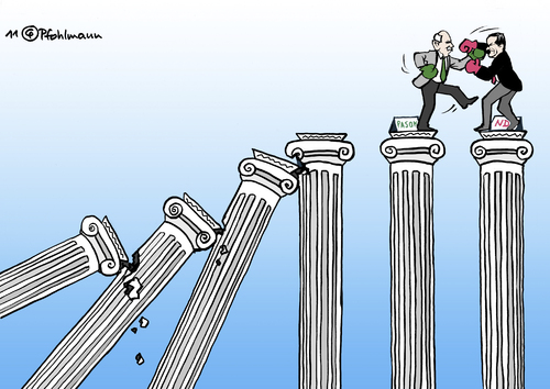 Cartoon: Domino (medium) by Pfohlmann tagged karikatur,color,farbe,2011,schuldenkrise,griechenland,papandreou,samaras,pasok,nd,säulen,regierung,opposition,streit,boxen,boxkampf,übergangsregierung,neuwahlen,staatsschulden,europa,euro,eu,rettungsschirm,efsf,hilfspaket,pleite,zahlungsunfähigkeit,insolvenz,sparen,sparprogramm,kreditwürdigkeit,wirtschaftskrise,schulden,reform,einsparungen,2011,schuldenkrise,griechenland,papandreou,regierung