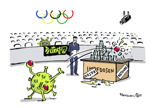 Cartoon: Dosenwerfen (medium) by Pfohlmann tagged corona,coronavirus,pandemie,delta,deltavariante,mutante,mutation,olympia,olympiade,tokio,dosen,impfdosen,impfung,impfen,impfkampagne,nachfrage,ultras,fan,fans,sport,corona,coronavirus,pandemie,delta,deltavariante,mutante,mutation,olympia,olympiade,tokio,dosen,impfdosen,impfung,impfen,impfkampagne,nachfrage,ultras,fan,fans,sport