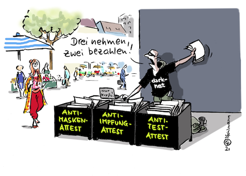 Cartoon: Drei Atteste (medium) by Pfohlmann tagged corona,coronavirus,pandemie,attest,händler,darknett,fälscher,fälschung,maske,schnelltest,coronatest,impfung,impfen,gesundheit,markt,internet,betrug,sonderangebot,corona,coronavirus,pandemie,attest,händler,darknett,fälscher,fälschung,maske,schnelltest,coronatest,impfung,impfen,gesundheit,markt,internet,betrug,sonderangebot