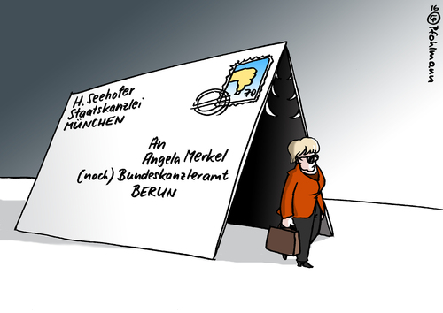 Cartoon: Drohbriefkulisse (medium) by Pfohlmann tagged karikatur,cartoon,2016,color,farbe,deutschland,merkel,brief,briefe,bundeskanzlerin,tunnel,drohbrief,drohung,klage,verfassungsgericht,bundesverfassungsgericht,seehofer,cdu,csu,flüchtlinge,flucht,flüchtlingskrise,asylbewerber,abschiebung,obergrenze,große,koalition,schwesterparteien,union,streit,konflikt,kurskorrektur,karikatur,cartoon,2016,color,farbe,deutschland,merkel,brief,briefe,bundeskanzlerin,tunnel,drohbrief,drohung,klage,verfassungsgericht,bundesverfassungsgericht,seehofer,cdu,csu,flüchtlinge,flucht,flüchtlingskrise,asylbewerber,abschiebung,obergrenze,große,koalition,schwesterparteien,union,streit,konflikt,kurskorrektur