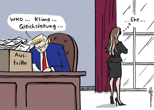 Cartoon: Ehe-Austritt (medium) by Pfohlmann tagged trump,melania,dekrete,austritt,who,klimaschutzabkommen,gleichstellung,diversity,ehekrise,beziehung,ehe,ehefrau,firstlady,usa,trump,melania,dekrete,austritt,who,klimaschutzabkommen,gleichstellung,diversity,ehekrise,beziehung,ehe,ehefrau,firstlady,usa