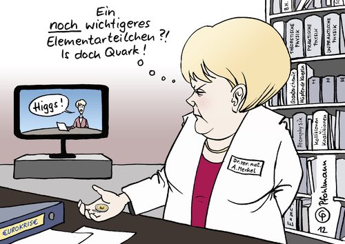 Cartoon: Elementarteilchen (medium) by Pfohlmann tagged karikatur,color,farbe,2012,deutschland,schweiz,cern,physik,elementarteilchen,sensation,higgs,higgsteilchen,gottesteilchen,euro,eurokrise,münze,merkel,bundeskanzlerin,physikerin,dr,wissenschaft,wissenschaftler,forschung,grundlagenforschung,entdeckung,masse,materie,rätel,universum,urknall,gottesteilchen,higgs bloson,teilchen,kernphysik,teilchenbeschleuniger,masse,cern,physik,dunkle materie,universum,wissenschaft,higgs,bloson,dunkle,materie,2012