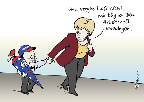 Cartoon: Erster Tag (medium) by Pfohlmann tagged karikatur,color,farbe,2012,frankreich,hollande,merkel,bundeskanzlerin,deutschland,präsident,präsidentschaftswahlen,einschulung,schultag,erster,arbeitsheft,kontrolle,eu,eurokrise,schuldenkrise,fiskalpakt,stabilitätspakt,schultüte,2012,frankreich,hollande,merkel,bundeskanzlerin