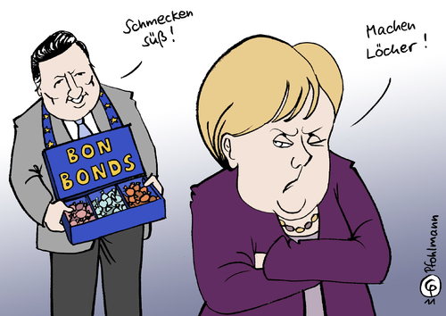 Cartoon: EuroBonds (medium) by Pfohlmann tagged karikatur,color,farbe,2011,europa,euro,eu,schuldenkrise,eurobonds,barroso,kommissionspräsident,kommission,eurozone,euroländer,deutschland,merkel,bundeskanzlerin,bonbons,löcher,bauchladen,europa,2011,euro,eu,schuldenkrise,eurobonds,kommissionspräsident,kommission,merkel