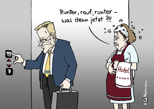 Cartoon: FDP-Hotelaufzug (medium) by Pfohlmann tagged deutschland,fdp,westerwelle,mehrwertsteuer,hotel,mehrwertsteuersatz,ermäßigung,steuer,steuerpolitik,aufzug,fahrstuhl,stockwerk,etage,deutschland,fdp,guido westerwelle,mehrwertsteuer,hotel,mehrwertsteuersatz,ermäßigung,steuer,steuerpolitik,aufzug,fahrstuhl,stockwerk,etage,guido,westerwelle