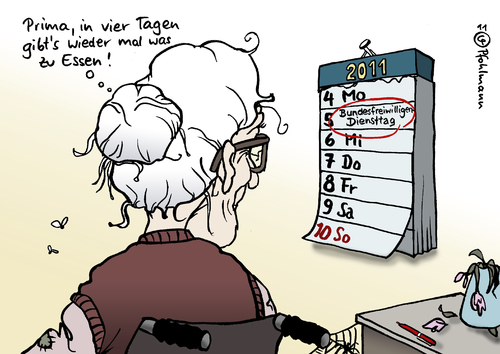 Cartoon: Freiwilligendienstag (medium) by Pfohlmann tagged karikatur,color,farbe,2011,freiwilligendienst,bundesfreiwilligendienst,bufdi,zivieldienst,wehrpflicht,altenpflege,sozial,sozialpolitik,rollstuhl,senioren,alt,alte,pflege,diensttag,dienstag,kalender,oma,freiwilligendienst,bundesfreiwilligendienst,bufdi,zivieldienst,wehrpflicht,altenpflege,senioren,pflege,rollstuhl,sozialpolitik,dienstag,bundeswehr,alter