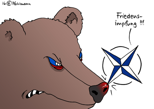 Cartoon: Friedensimpfung (medium) by Pfohlmann tagged karikatur,cartoon,2016,color,global,welt,russland,nato,truppen,truppenverlegung,bär,logo,impfung,verhandlungen,frieden,kalter,krieg,provokation,nase,stich,karikatur,cartoon,2016,color,global,welt,russland,nato,truppen,truppenverlegung,bär,logo,impfung,verhandlungen,frieden,kalter,krieg,provokation,nase,stich