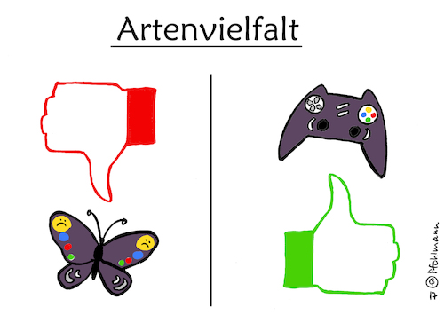 Cartoon: Games-Vielfalt (medium) by Pfohlmann tagged karikatur,cartoon,color,farbe,2017,deutschland,gamescom,köln,insekten,insektensterben,umwelt,schmetterling,rückgang,naturschutz,computerspiele,artenvielfalt,diversität,controller,xbox,nintendo,spielkonsole,pc,smartphone,handy,kulturgut,abhängigkeit,computerspielsucht,spielsucht,realität,spieleindustrie,realitätsflucht,gefällt,mir,daumen,like,unlike,virtualität,virtuelle,spieleentwickler,programmierer,karikatur,cartoon,color,farbe,2017,deutschland,gamescom,köln,insekten,insektensterben,umwelt,schmetterling,rückgang,naturschutz,computerspiele,artenvielfalt,diversität,controller,xbox,nintendo,spielkonsole,pc,smartphone,handy,kulturgut,abhängigkeit,computerspielsucht,spielsucht,realität,spieleindustrie,realitätsflucht,gefällt,mir,daumen,like,unlike,virtualität,virtuelle,spieleentwickler,programmierer