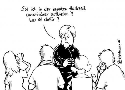 Cartoon: Halbzeit! (medium) by Pfohlmann tagged bundeskanzlerin,merkel,regierung,,bundeskanzlerin,angela,merkel,regierung,politikerin,berlin,cdu,deutschland,trainerin,trainer,sportanzug,trainingsanzug,chef,boss,autorität,autoritär,halbzeit,frage,macht,stark,frau,mann,fussball,fußball,angela merkel