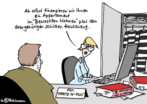 Cartoon: Hartz IV Appartement (medium) by Pfohlmann tagged karikatur,cartoon,2016,color,farbe,deutschland,hartz,iv,alg,ii,arbeitslosengeld,jobcenter,beraterin,sachbearbeiterin,knast,gefängnis,angaben,falsch,betrüger,sanktionen,strafe,bußgeld,erzwingungshaft,haft,haftstrafe,anzug,appartement,karikatur,cartoon,2016,color,farbe,deutschland,hartz,iv,alg,ii,arbeitslosengeld,jobcenter,beraterin,sachbearbeiterin,knast,gefängnis,angaben,falsch,betrüger,sanktionen,strafe,bußgeld,erzwingungshaft,haft,haftstrafe,anzug,appartement