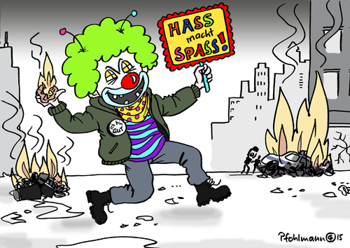 Cartoon: HASS macht SPASS (medium) by Pfohlmann tagged karikatur,cartoon,2015,color,farbe,deutschland,frankfurt,ausschreitungen,blockupy,ezb,einweihung,kapitalismus,straßenschachten,gewalt,clown,hass,spaß,spass,proteste,gewalttäter,karikatur,cartoon,2015,color,farbe,deutschland,frankfurt,ausschreitungen,blockupy,ezb,einweihung,kapitalismus,straßenschachten,gewalt,clown,hass,spaß,spass,proteste,gewalttäter