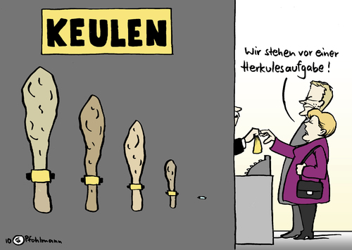 Cartoon: Herkulesaufgabe (medium) by Pfohlmann tagged herkules,keule,merkel,bundeskanzlerin,cdu,schwarz,gelb,koalition,westerwelle,fdp,aufgabe,herkules,keule,angela merkel,bundeskanzlerin,cdu,schwarz,gelb,koalition,guido westerwelle,fdp,aufgabe,angela,merkel,guido,westerwelle