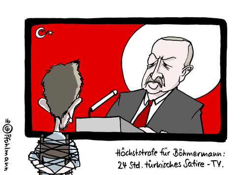 Cartoon: Höchststrafe für Böhmermann (medium) by Pfohlmann tagged karikatur,cartoon,2016,color,türkei,deutschland,erdogan,tv,fernsehen,böhmermann,moderator,strafe,regierung,bundesregierung,prozess,strafanzeige,anzeige,satire,präsident,beleidigung,beleidigt,türkisch,präsidentenbeleidigung,medien,pressefreiheit,meinungsfreiheit,demokratie,eu,humor,lachen,kunstfreiheit,gewaltenteilung,karikatur,cartoon,2016,color,türkei,deutschland,erdogan,tv,fernsehen,böhmermann,moderator,strafe,regierung,bundesregierung,prozess,strafanzeige,anzeige,satire,präsident,beleidigung,beleidigt,türkisch,präsidentenbeleidigung,medien,pressefreiheit,meinungsfreiheit,demokratie,eu,humor,lachen,kunstfreiheit,gewaltenteilung