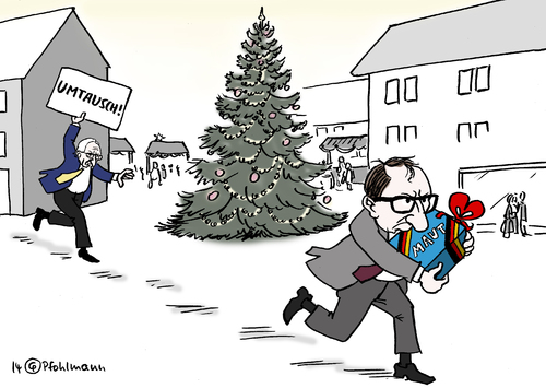 Cartoon: Juncker jagt Dobrindt (medium) by Pfohlmann tagged karikatur,cartoon,2014,color,farbe,deutschland,eu,dobrindt,maut,pkw,juncker,kommission,kritik,weihnachten,geschenk,päckchen,paket,umtausch,umtauschen,verkehrsminister,csu,karikatur,cartoon,2014,color,farbe,deutschland,eu,dobrindt,maut,pkw,juncker,kommission,kritik,weihnachten,geschenk,päckchen,paket,umtausch,umtauschen,verkehrsminister,csu