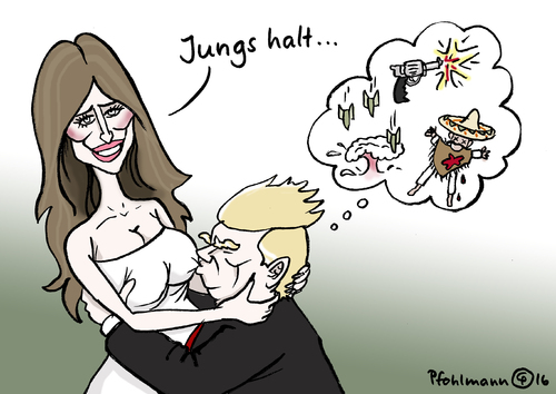 Cartoon: Jungs halt (medium) by Pfohlmann tagged karikatur,cartoon,2016,color,farbe,usa,trump,melanie,ehefrau,frau,interview,jungs,junge,sexismus,sexistisch,frauenfeindlich,busen,brust,krieg,pistole,mexikaner,schießen,bomben,atombomben,kandidat,republikaner,präsidentschaftswahl,wahlkampf,karikatur,cartoon,2016,color,farbe,usa,trump,melanie,ehefrau,frau,interview,jungs,junge,sexismus,sexistisch,frauenfeindlich,busen,brust,krieg,pistole,mexikaner,schießen,bomben,atombomben,kandidat,republikaner,präsidentschaftswahl,wahlkampf