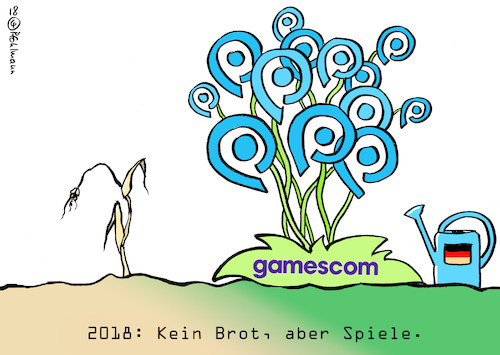 Cartoon: Kein Brot (medium) by Pfohlmann tagged karikatur,cartoon,color,farbe,2018,deutschland,gamescom,köln,computerspiele,ernte,erntebilanz,ernteausfälle,wetter,hitzewelle,wassermangel,landwirtschaft,subventionen,unterstützung,gießkanne,bewässerung,hilfe,notstand,virtuell,spielemesse,getreide,brot,spiele,karikatur,cartoon,color,farbe,2018,deutschland,gamescom,köln,computerspiele,ernte,erntebilanz,ernteausfälle,wetter,hitzewelle,wassermangel,landwirtschaft,subventionen,unterstützung,gießkanne,bewässerung,hilfe,notstand,virtuell,spielemesse,getreide,brot,spiele