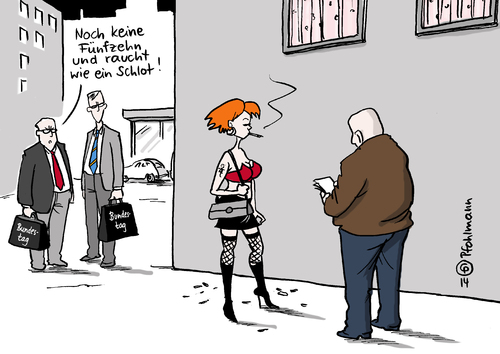 Cartoon: Keine Fünfzehn (medium) by Pfohlmann tagged karikatur,cartoon,color,farbe,2014,deutschland,prostitution,gesetz,gesetzentwurf,groko,große,koalition,regierung,bundestag,schutz,hure,huren,prostituierte,fünfzehn,minderjährig,raucher,rauchen,nichtraucher,zigarette,freier,strich,mdb,abgeordnete,karikatur,cartoon,color,farbe,2014,deutschland,prostitution,gesetz,gesetzentwurf,groko,große,koalition,regierung,bundestag,schutz,hure,huren,prostituierte,fünfzehn,minderjährig,raucher,rauchen,nichtraucher,zigarette,freier,strich,mdb,abgeordnete