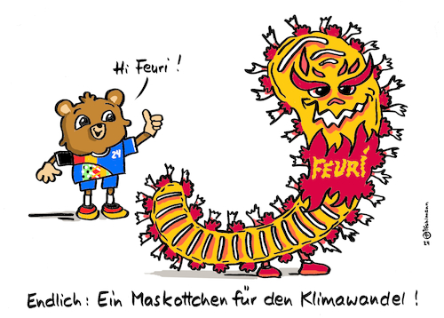 Cartoon: Klima-Maskottchen (medium) by Pfohlmann tagged klimakrise,klimawandel,feuerwurm,mittelmeer,maskottchen,fußball,europameisterschaft,euro24,waldbrände,waldbrand,hitzewelle,dürre,temperaturanstieg,meer,ozean,tiere,fauna,klimakrise,klimawandel,feuerwurm,mittelmeer,maskottchen,fußball,europameisterschaft,euro24,waldbrände,waldbrand,hitzewelle,dürre,temperaturanstieg,meer,ozean,tiere,fauna