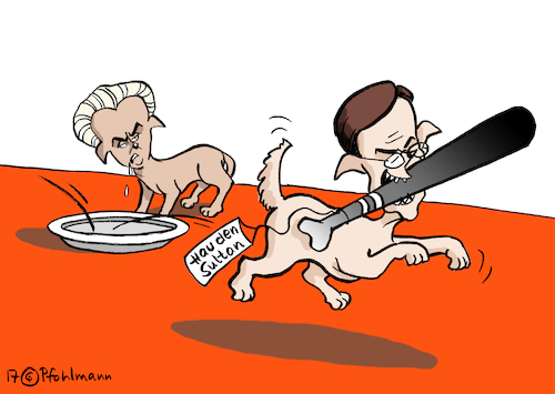 Cartoon: Knochenklau (medium) by Pfohlmann tagged karikatur,cartoon,2017,color,farbe,niederlande,wahlkampf,rutte,wilders,hau,den,sultan,knochen,wegnehmen,baseballschläger,rechtsextremismus,populismus,rechtsextrem,türkei,erdogan,auftritte,wahlkampfauftritte,minister,verbot,einreiseverbot,karikatur,cartoon,2017,color,farbe,niederlande,wahlkampf,rutte,wilders,hau,den,sultan,knochen,wegnehmen,baseballschläger,rechtsextremismus,populismus,rechtsextrem,türkei,erdogan,auftritte,wahlkampfauftritte,minister,verbot,einreiseverbot