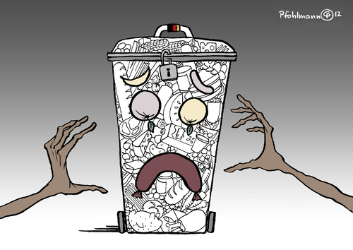 Cartoon: Lebensmittelmüll (medium) by Pfohlmann tagged karikatur,color,farbe,2012,deutschland,lebensmittel,müll,wegwerfen,abfall,verschwendung,statistik,tonnen,haushalte,privat,institutionen,tonne,mülleimer,abfalleimer,abfallcontainer,müllcontainer,hunger,dritte,welt,entwicklungsländer,verhungern,hungerkatastrophe,skandal,2012,deutschland,lebensmittel,müll,wegwerfen,abfall,verschwendung,essen