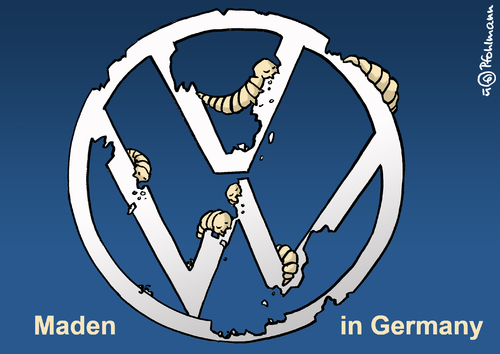 Cartoon: Maden in Germany (medium) by Pfohlmann tagged ruf,logo,labor,messung,autoindustrie,auto,diesel,software,manipulation,skandal,abgaswerte,krise,untergang,maden,image,marke,germany,in,made,vw,deutschland,farbe,color,2015,cartoon,karikatur,karikatur,cartoon,2015,color,farbe,deutschland,vw,made,in,germany,marke,image,maden,untergang,krise,abgaswerte,skandal,manipulation,software,diesel,auto,autoindustrie,messung,labor,logo,ruf