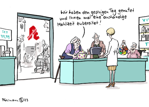 Cartoon: Mahlzeit Apotheke (medium) by Pfohlmann tagged apotheke,apotheker,apothekerin,streik,apothekenstreik,bezahlung,honorar,mahlzeit,senioren,kunden,medikamente,arzneimittel,gesundheitswesen,gesundheitssystem,vergütung,geld,finanzen,armut,altersarmut,essen,spende,einkommen,arm,reich,apotheke,apotheker,apothekerin,streik,apothekenstreik,bezahlung,honorar,mahlzeit,senioren,kunden,medikamente,arzneimittel,gesundheitswesen,gesundheitssystem,vergütung,geld,finanzen,armut,altersarmut,essen,spende,einkommen,arm,reich