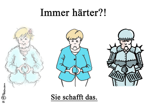 Cartoon: Merkel härter (medium) by Pfohlmann tagged karikatur,cartoon,2016,color,farbe,global,deutschland,merkel,bundeskanzlerin,wir,schaffen,sie,schafft,das,härter,kurswechsel,flüchtlingskrise,flüchtlinge,flüchtlingspolitik,union,cdu,csu,rüstung,weich,hart,karikatur,cartoon,2016,color,farbe,global,deutschland,merkel,bundeskanzlerin,wir,schaffen,sie,schafft,das,härter,kurswechsel,flüchtlingskrise,flüchtlinge,flüchtlingspolitik,union,cdu,csu,rüstung,weich,hart