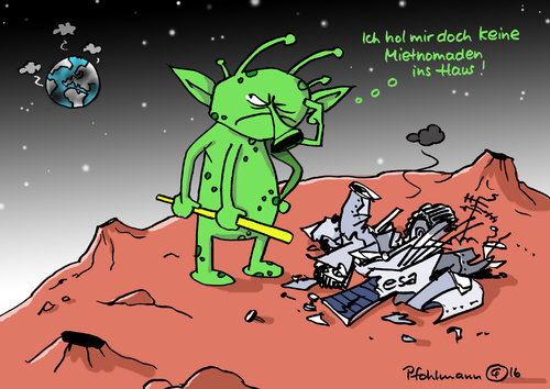 Cartoon: Mietnomaden (medium) by Pfohlmann tagged mars,weltraum,esa,europa,farbe,color,2016,cartoon,karikatur,weltall,universum,zerstörung,globus,erde,mietnomaden,marsmännchen,sonde,mission,karikatur,cartoon,2016,color,farbe,europa,esa,weltraum,mars,mission,sonde,marsmännchen,mietnomaden,erde,globus,zerstörung,universum,weltall