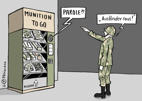 Cartoon: Munition to go (medium) by Pfohlmann tagged karikatur,cartoon,2017,color,farbe,deutschland,bundeswehr,affäre,flüchtling,soldat,offizier,munition,automat,to,go,parole,ausländer,raus,rechtsextremismus,rechtsextrem,mitnahme,karikatur,cartoon,2017,color,farbe,deutschland,bundeswehr,affäre,flüchtling,soldat,offizier,munition,automat,to,go,parole,ausländer,raus,rechtsextremismus,rechtsextrem,mitnahme