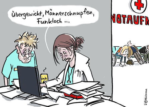 Cartoon: Notaufnahme falsch (medium) by Pfohlmann tagged notaufnahme,notfall,medizin,gesundheit,krankheit,lauterbach,reform,patienten,bagatellen,krankenhaus,klinik,ärzte,pfleger,überlastung,gesundheitssystem,infrastruktur,notaufnahme,notfall,medizin,gesundheit,krankheit,lauterbach,reform,patienten,bagatellen,krankenhaus,klinik,ärzte,pfleger,überlastung,gesundheitssystem,infrastruktur