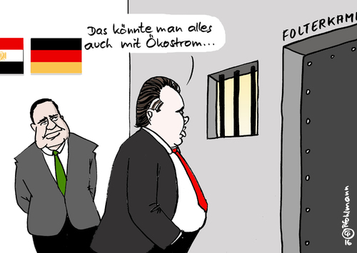 Cartoon: Ökofolter (medium) by Pfohlmann tagged karikatur,cartoon,2016,color,ägypten,deutschland,gabriel,staatsbesuch,as,sisi,folter,folterkammer,menschenrechte,präsident,ökostrom,regenerative,energien,grüner,strom,karikatur,cartoon,2016,color,ägypten,deutschland,gabriel,staatsbesuch,as,sisi,folter,folterkammer,menschenrechte,präsident,ökostrom,regenerative,energien,grüner,strom